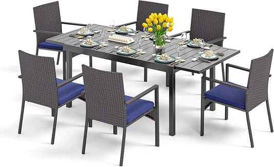 PHI VILLA 7 Piece Outdoor Expandable Dining Table Set for 6, Extendable Rectangular Metal Steel Table and Cushioned Rattan Chairs for Patio, Deck, Yard