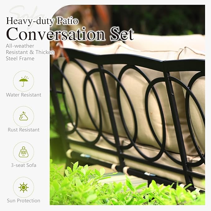 Sophia & William Patio Furniture Set, Outdoor Metal Conversation Set 9 Seats with 3-Seater Sofa, 2 Motion Chairs, 1 Loveseat, 2 Ottoman,1 Coffee Table for Seating, Lawn Porch Backyard,Beige