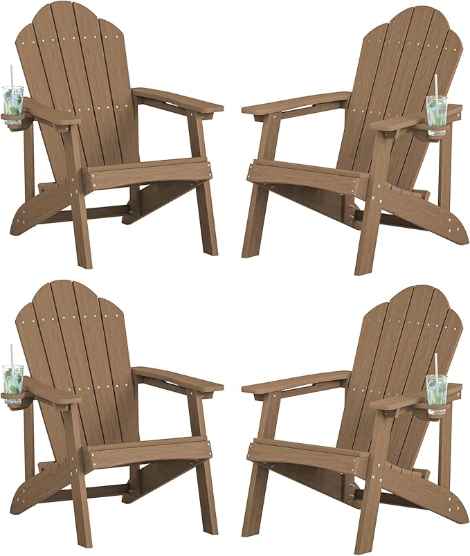 LUE BONA HDPE Adirondack Chairs Set of 4,Plastic Adirondack Chairs with Cup Holder Weather Resistant for Outdoor, Patio, Lawn, Garden, Backyard Deck, Fire Pit, Brown