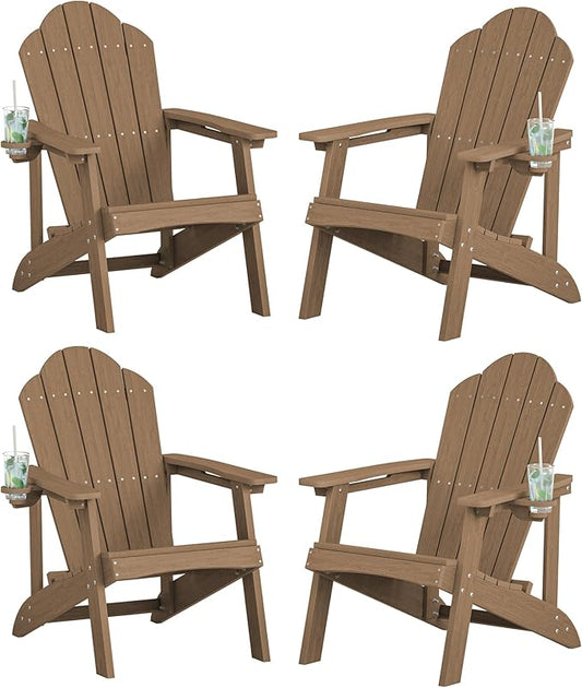 LUE BONA HDPE Adirondack Chairs Set of 4,Plastic Adirondack Chairs with Cup Holder Weather Resistant for Outdoor, Patio, Lawn, Garden, Backyard Deck, Fire Pit, Brown