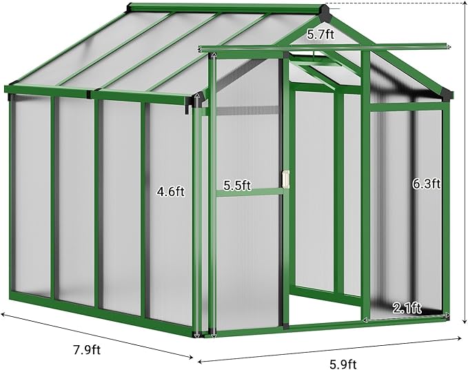 Greenhouse, 6x8 Ft Outdoor Greenhouses, Accessible Green House with Roof Vents and Sliding Doors, Aluminum Frame Polycarbonate Greenhouses, Large Greenhouse for Outdoor Gardens and Backyards, Green