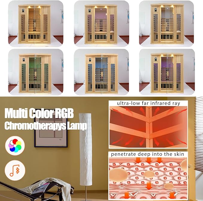 Ceramic Infrared Sauna 3 Person, Infrared Saunas for Home, Low EMF Far Infrared Sauna, Indoor Home Sauna Spa, Hemlock Wooden Sauna with Bluetooth Speaker, Chromotherapy Lamp, 2050W