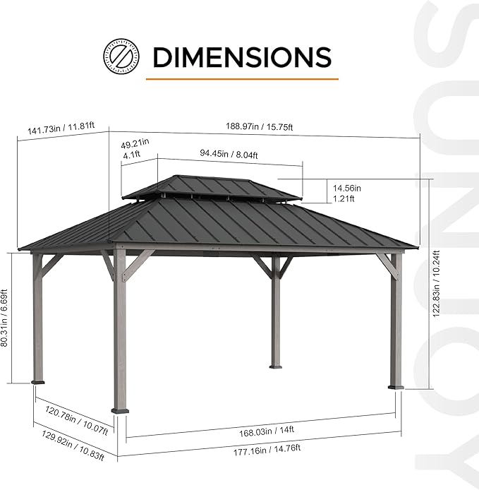 SUNJOY 12 x 16 ft. Wood Gazebo, Outdoor Patio Cedar Framed Steel Hardtop Gazebo with 2-Tier Metal Roof, Suitable for Patios, Lawn and Backyard, Matte Black Roof + Gray Wood Frame