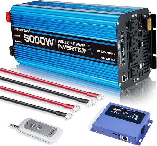 5000W Pure sine Wave Inverter DC 12V to AC 110V/120V Converter 10000w (Peak) with LCD Display Wireless/Wired Remote Control 4AC outlets 4USB and Hardwired AC.Ideal for RV Travel Off-Grid Solar Systems