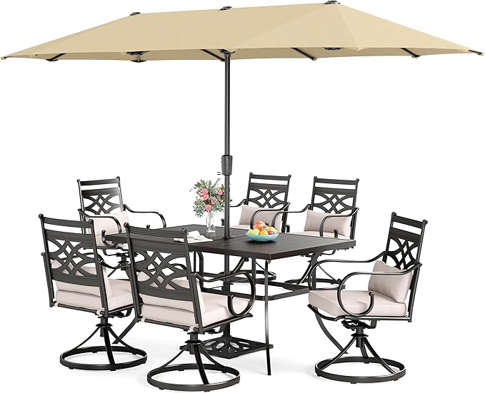 Sophia & William Swivel Patio Dining Set for 6 | 13ft Patio Umbrella Beige | Removable Seat Cushions | Black 59" Patio Dining Table