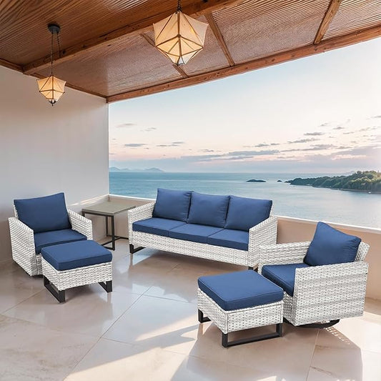 Wicker Patio Furniture Set, 6 PCS Outdoor Patio Furniture Set with Swivel Chairs, Includes 2 Swivel Patio Chairs, 1 Outdoor Couch, 1Side Table and 2 Ottoman, Light Beige/Blue
