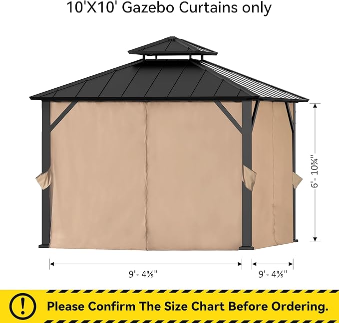Gazebo Curtain Replacement Universal 4-Panel Sidewalls 10' x 10', Outdoor Gazebo Privacy Curtains with Zipper, Replacement for Outdoor, Patio Canopy, Garden and Backyard (Curtain Only)