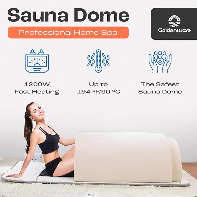 Golden Wave Far Infrared Sauna Dome, with 360° Body Coverage, Professional Home Spa Zero-EMF Unit with Therapeutic Stones, Single Person Use, White