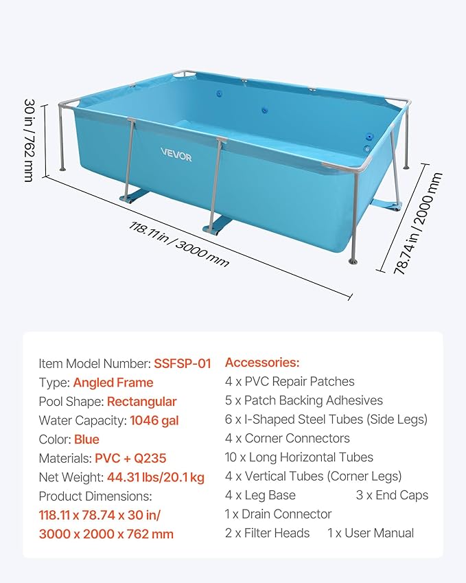 VEVOR Frame Above Ground Swimming Pool, 118 x 78 x 30 in Rectangular Steel Metal Frame, Large Rectangle Outdoor Backyard Family Pool, Easy to Assemble Rust-Resistant, 1046 Gallon Water Capacity, Blue