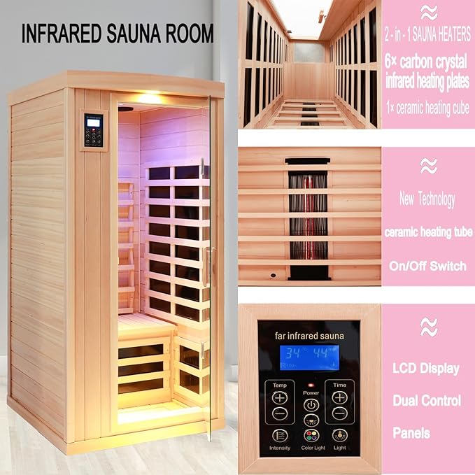 Ceramic Infrared Sauna 1 Person Infrared Sauna Hemlock Far Infrared Saunas for Home 2 in 1 Indoor Sauna Room with Low EMF Heaters + Ceramic Heating Cube-Chromotherapy-Bluetooth Speaker