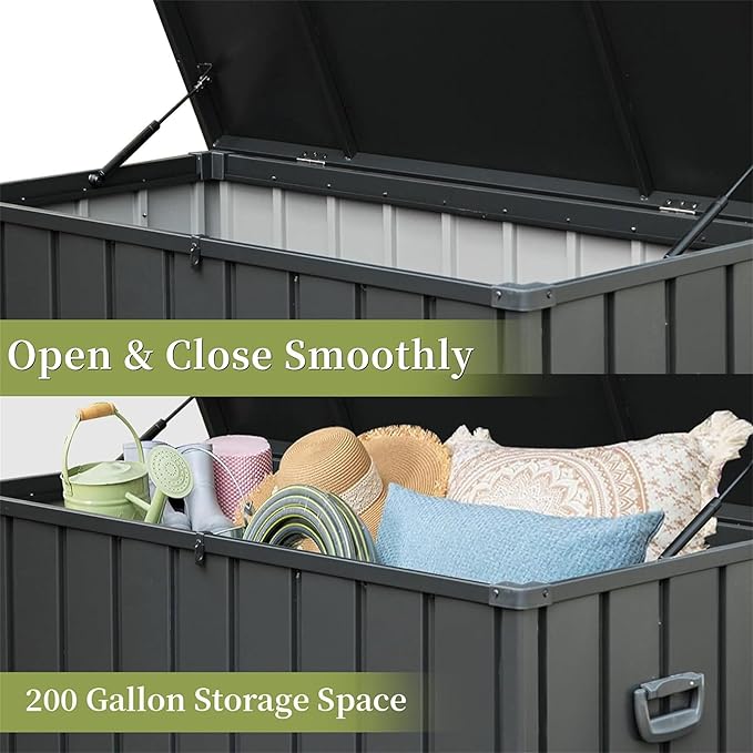 JOSHEN 200 Gallon Outdoor Storage Deck Box with Lockable and Mobile Roller,Large Steel Container Bin with Waterproof and UV Resistant for Garden,Patio,Dark Gray