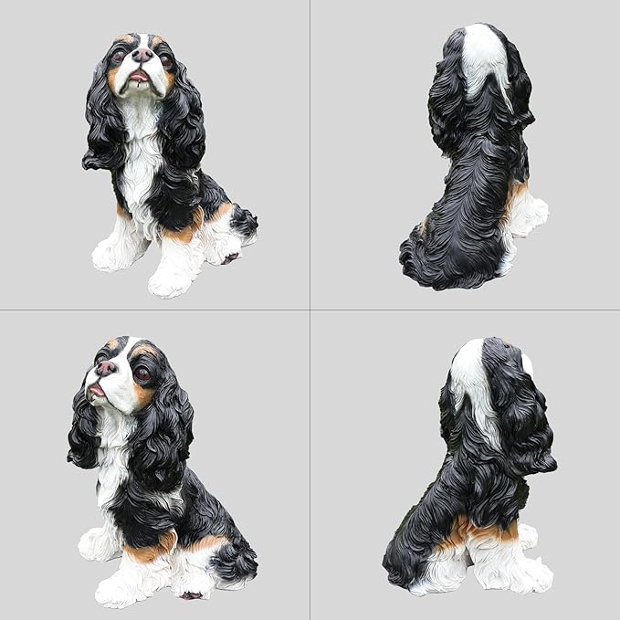 Cavalier King Charles Spaniel Outdoor Dog Statue with Reversible “Welcome/ON Patrol” Hanging Plaque and Solar Porch Lantern, Black & White Sitting