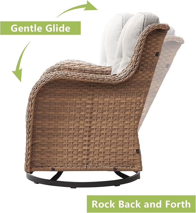 Outdoor Wicker Patio Furniture Set - 5 Pieces Rattan Patio Conversation Set with 2 Rocking Swivel Chairs,2 Ottomans and 1 Side Table for Porch Deck Backyard Garden(Yellow/Beige)