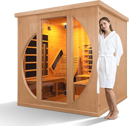 Infrared Sauna with Recliner, 2 Person Hemlock Wooden Dry Saunas with 220V/3400W, Indoor Home Sauna Spa with 9 Heating Panels, Bluetooth Speaker, 7 Color Lights, Oxygen Bar