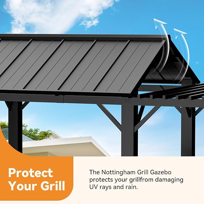 Grill Gazebo 6' x 8' with Galvanized Steel Roof and Pergola Extension, BBQ Gazebo with UV Blocking & Waterproof Design, Grill Canopy with Shelves, Rust-Resistant, 4-Season Use