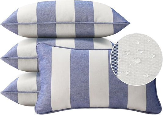 Decorative Outdoor Water Repellent Throw Pillows with Inserts, Set of 4, 20" x12" Pillows for Patio, Backyard, Bed, Couch, and Patio Furniture, Navy Stripe
