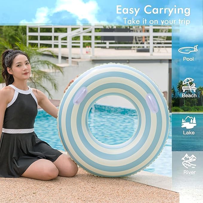 2 PCS Striped Pool Floats for Adults Swimming Rings Tube with Handles -Inflatable Pool Float Tube for Adults Pool Floats for The Beach, Party, Vacation