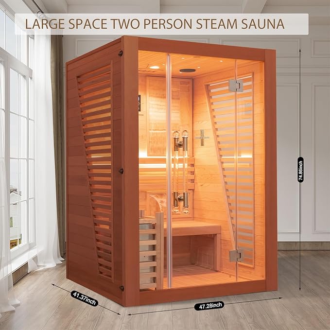 Smartmak Wood Home Steam Sauna, 2 Person Canadian Red Cedar Traditional Luxurious Wooden Indoor Spa Room, with 3 kw Heater, Bluetooth Speaker, Rocks, Water Bucket, Spoon, Lights