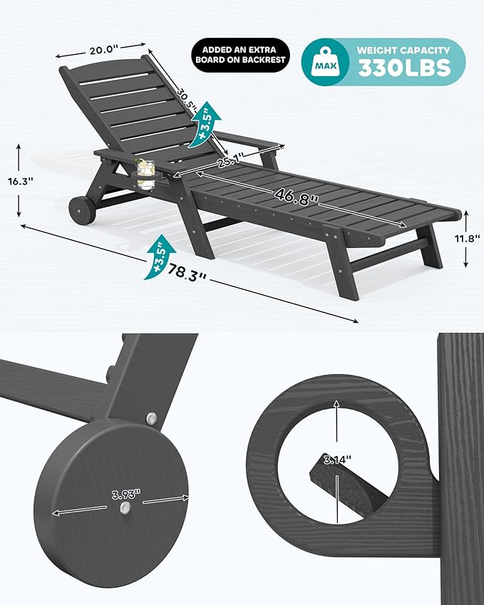 SERWALL Patio Chaise Lounge Chair Set of 2, 78'' Long 5-Positions Adjustable HDPE Outdoor Lounge Chair for Pool, Poly Lounge Chair with Rolling Wheels & Cup Holder for Poolside, Deck, Slate Gray