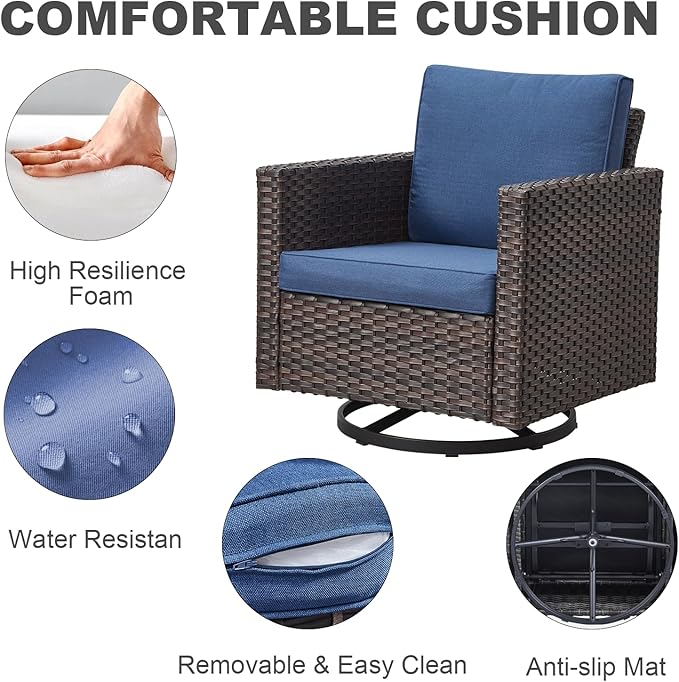 Outdoor Swivel Rocker Patio Chairs ： Swivel Patio Chairs Set of 3 Patio Swivel Chairs Patio Swivel Rocker Chair with Wide Wicker Armrests, Brown / Blue