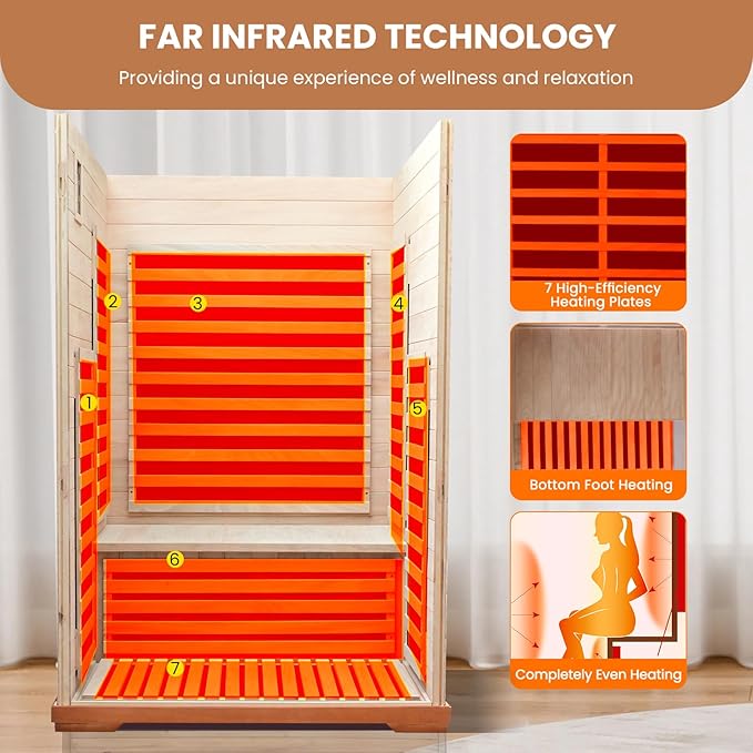 2 Person Sauna Infrared Sauna Room Far Infrared for Sauna Home Indoor 1880W/110V Low-EMF Wood Okoume Dry Sauna Two Person Sauna with Air Hole, 7 Color Therapy, Speaker (47.2 * 41.3 * 74.8 in)