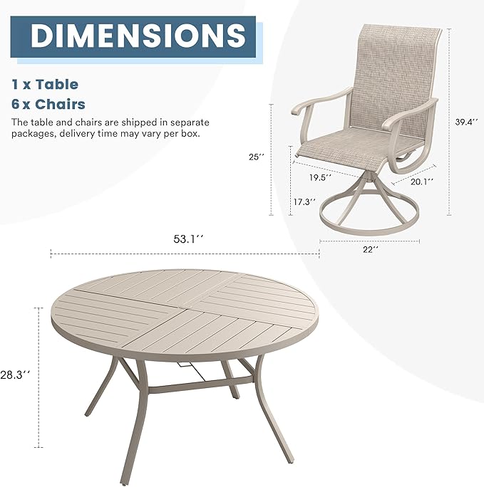 DIFY 7 Pieces Outdoor Patio Dining Set, 6 Sandshell Textilene Swivel Dining Chairs and 53.1" Sandshell Round Metal Dining Table, Outdoor Table and Chairs