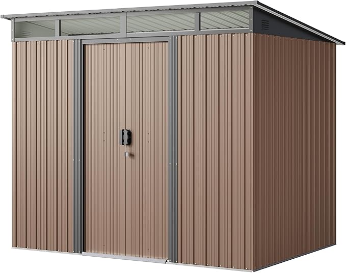 Gizoon 7.4'x5.3' Outdoor Storage Shed Metal Garden Shed with Sliding Lockable Doors, Versatile Tool Bike Shed with Transparent Panel Windows, Outdoor Storage Clearance for Backyard, Patio, Light Brown