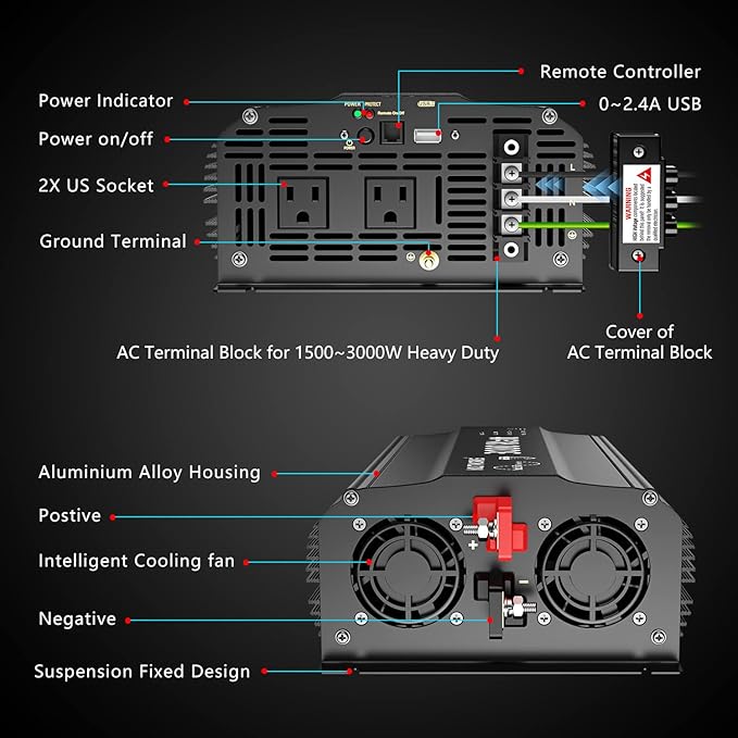 3000Watt Pure Sine Wave Inverter 12V DC to 110V 120V AC with UL Fuses 3000W Power Inverter for Home RV Truck Off-Grid Solar with AC Hardwire 30A Compatible with Lithium Battery VOLTWORKS