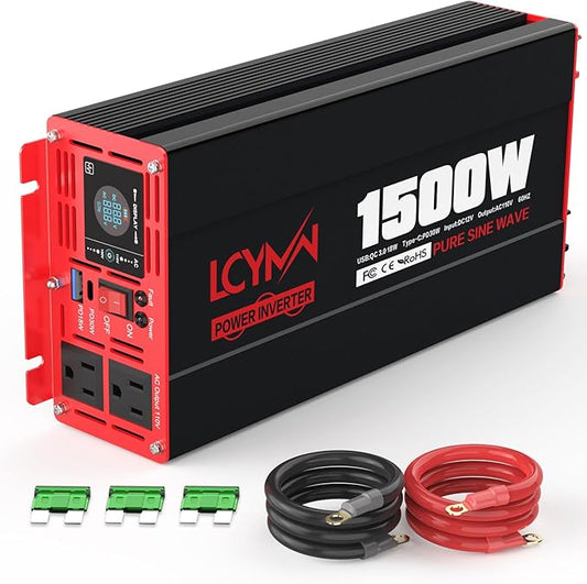 1500 Watt Pure Sine Wave Power Inverter DC 12V to AC 110/120V with Dual Outlets USB-C 30W USB-QC 18W Fast Car Charger Adapter LCD Display and Remote Control Converter for Off-Grid Home RV Solar System