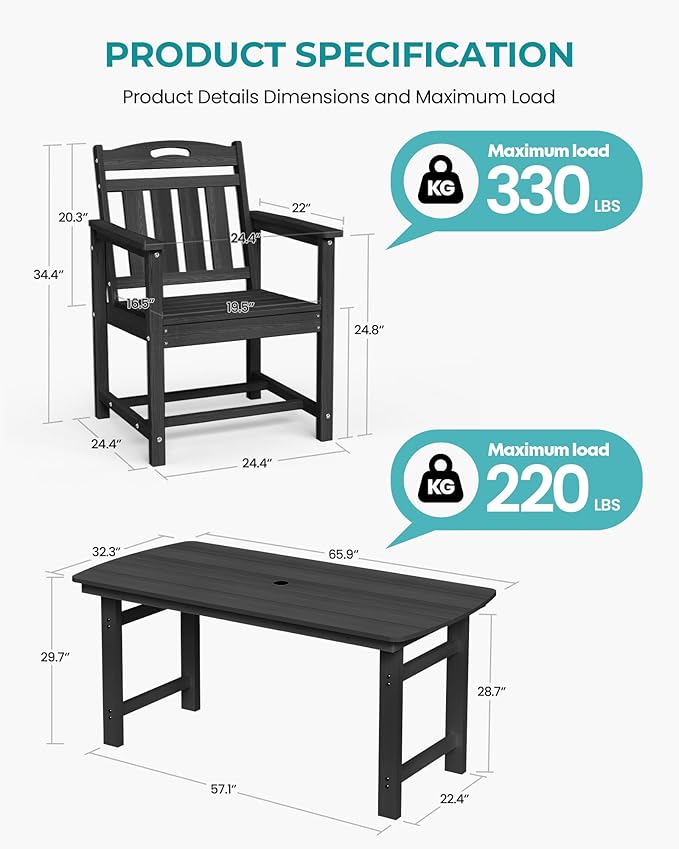 HDPE Outdoor Patio Dining Set with Table & 4 Chairs, All-Weather 5-Piece Outdoor Table and Chairs, 2" Umbrella Hole, Patio Furniture for Garden, Backyard, Deck | Matte Black