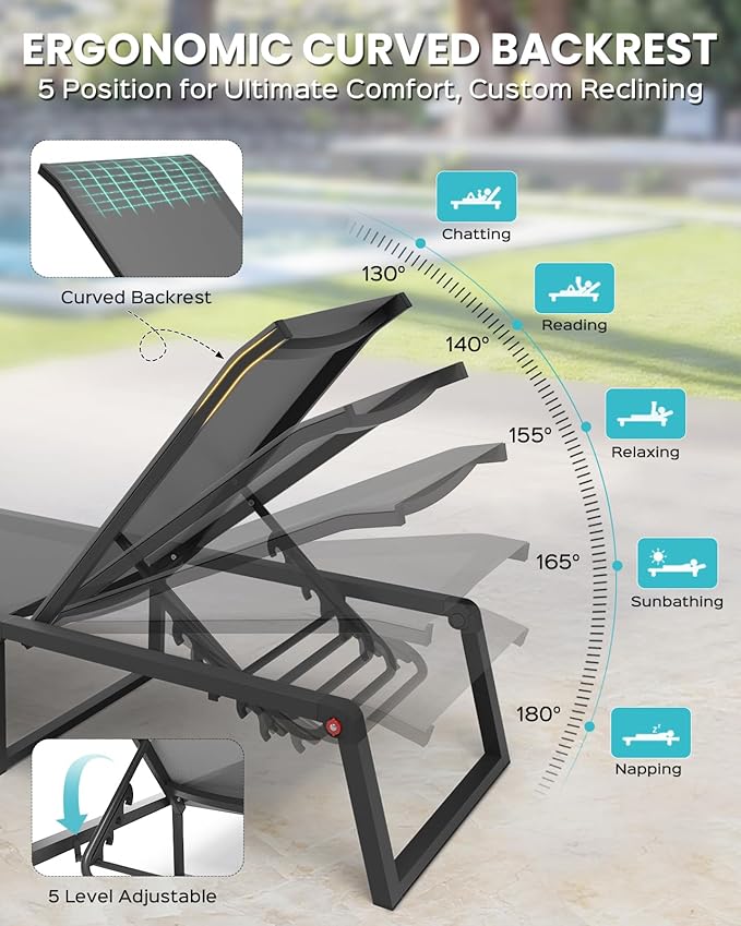 Aluminum Patio Chaise Lounge Set of 2 with 1 Side Table, Foldable Outdoor Pool Lounge Chairs 5-Position Recliner for Outside Poolside, Fully grounded legs Sun Lounger for Beach, Yard, Dark Gray