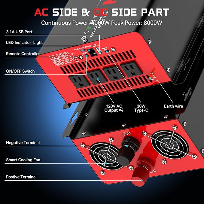4000 Watt Power Inverter 12V DC to 110V AC Car Inverter with 4 AC Outlets, 30W Type-C Port, 3.1A USB Port, Remote Controller on LCD Screen, Peak 8000W Car Converter for Truck,Vehicles,Trip