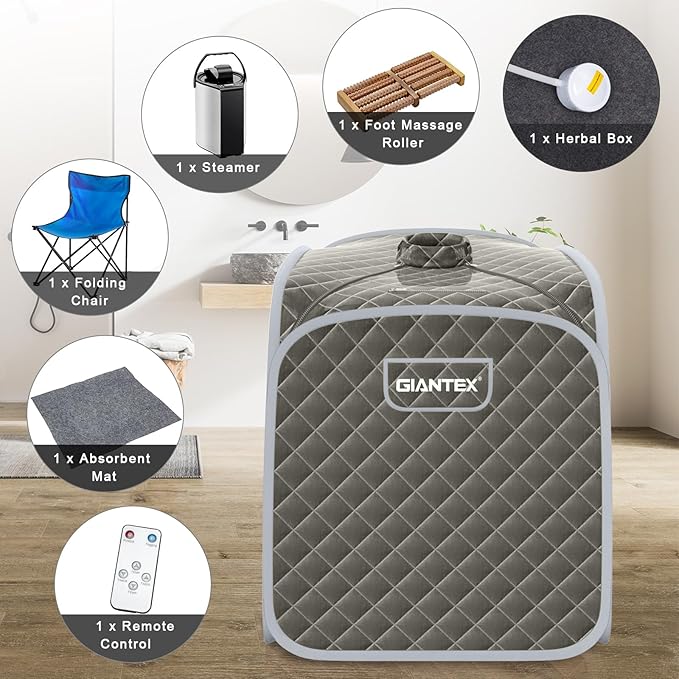 Giantex Portable Sauna, Sauna Box 3L Steam Box Remote Control, 9 Adjustable Temperature & Timer, Foot Roller, Mat & Foldable Chair, Steam Sauna for Single Person, Personal Sauna Tent for Home, Gray
