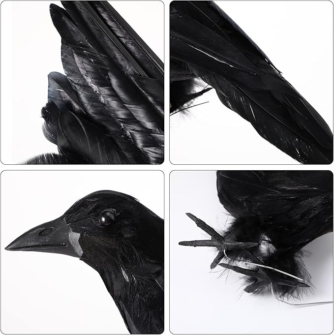Yerliker 5 Pcs Halloween Black Feathered Crow and Skull Statue Set Handmade Realistic Crow Decor Spooky Plastic Fake Porch Decor for Halloween Decorations
