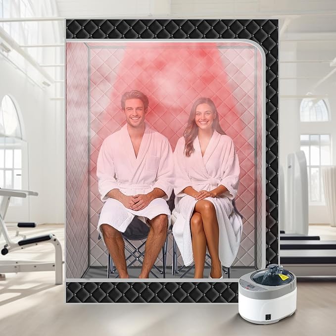 Smartmak 2 Person Portable Steam Infrared Sauna Box with 660nm Red Light Therapy Lamp for Home Relaxation, 4 L 1500W Steamer Extra Large Full Body Saunas Spa Tent, Remote Control, 2 Folding Chairs