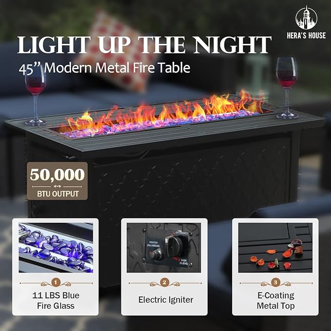 HERA'S HOUSE 6 Pieces Patio Furniture Set with Fire Pit Table, 2 x Rocking Chair, 2 x Ottoman, 3-Seat Sofa with 45" Fire Pit Table, Outdoor Conversation Set for Garden, Poolside, Backyard, Blue
