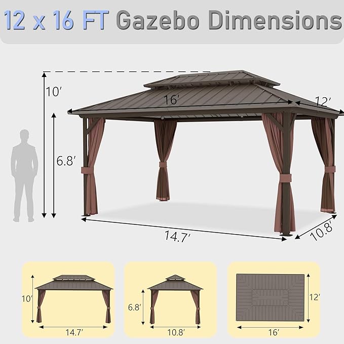 12'x16' Hardtop Gazebo, Outdoor Aluminum Frame Galvanized Steel Double Roof Pavilion with Netting and Shaded Curtains, Permanent Metal Pergolas for Patio, Backyard, Deck and Lawns.