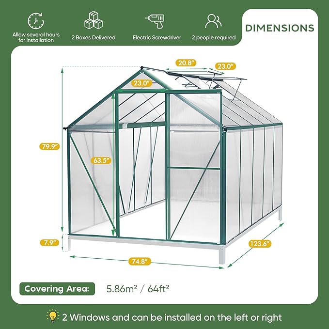 CDCASA 10x6 FT Outdoor Greenhouse, Aluminum Heavy Duty Polycarbonate Greenhouses w/Vent Window, Swing Door, Walk-in Green House for Outside, Backyard