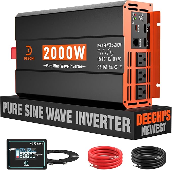 2000 Watt Pure Sine Wave Inverter 12V DC to 110V/120V AC Converter for RV/Truck/Home/Off-Grid Solar Car Power Inverter for Vehicles with 3 AC, 2 USB & 1 Type-C Ports, Remote Controller Cable Included