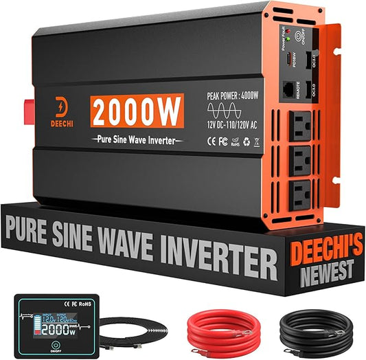 2000 Watt Pure Sine Wave Inverter 12V DC to 110V/120V AC Converter for RV/Truck/Home/Off-Grid Solar Car Power Inverter for Vehicles with 3 AC, 2 USB & 1 Type-C Ports, Remote Controller Cable Included