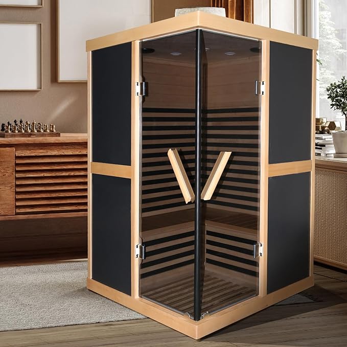 2 Person Sauna Infrared Saunas APP Control 7 Color Light 1980W Wooden Home Spa Room Canadian Hemlock Wood Low-EMF Indoor Saunas 47.2 * 47.2 * 75.6inch