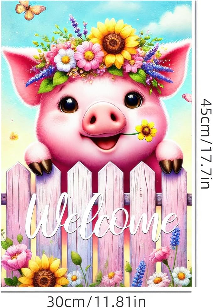 Spring Welcome Garden Flag 12x18 Inches Double Sided Cute Pig Yard Flags Colorful Floral Butterfly Sunflower Crown Fence for Outside Decor Home Farmhouse Holiday Summer Decorations