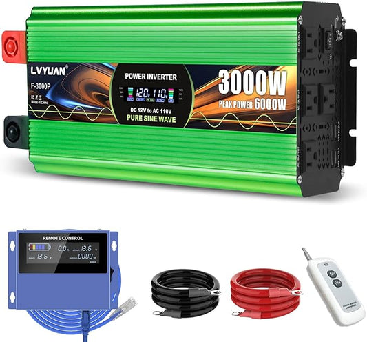 3000W Pure Sine Wave Power Inverters, LVYUAN 6000W Peak Power 12V DC to AC 120V Power Converter for RV, Truck, Outdoor, Remote Control Quadruple AC Outlets and USB Ports Inverter with LCD Display