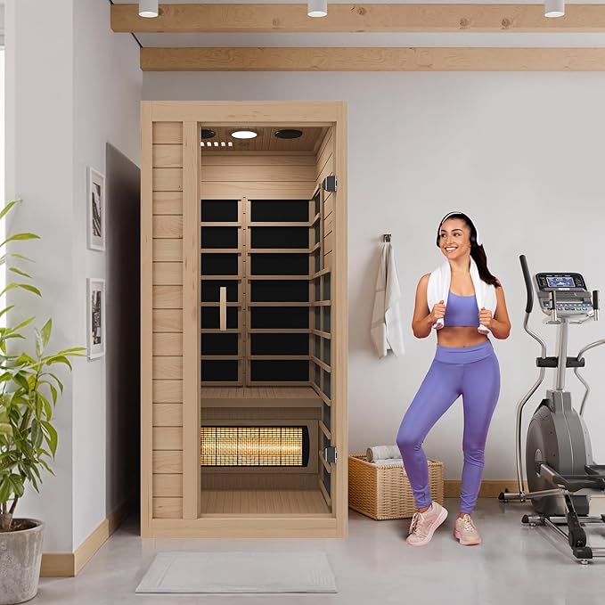 SteamSpa Home Sauna Room 1 Person Hemlock Wooden Indoor Sauna Spa - Bluetooth Speaker, FM, Oxygen bar, Heating Plate, Three Colors Lanterns, Touch Control Panel Temperature