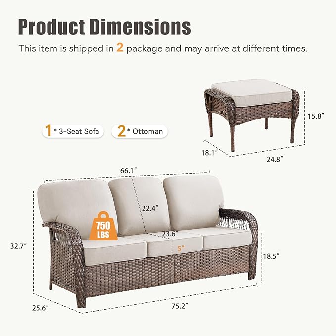 Patio Furniture Set, All Weather 3 Pieces Wicker Outdoor Small Sectional Set, 5" Thick Rattan Conversation Set with 3-seat Sofa and Ottoman for Lawn, Garden, Beige/Brown Wicker