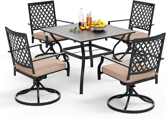 PHI VILLA 5-Piece Outdoor Dining Set, 4 Steel Metal Swivel Patio Chairs & 1 Square Dining Table, Black
