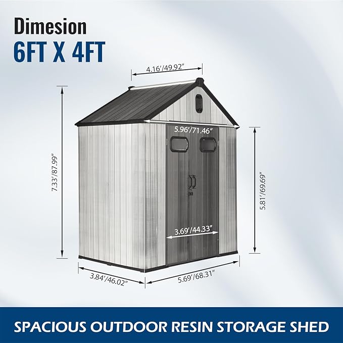 Domi 6×4ft Outdoor Resin Storage Shed - 144+ Cubic Ft Weatherproof Double-Wall Yard Shed with Skylight, Lockable Door and Carpet, Heavy-Duty Steel Frame Storage Building for Lawn Mower, Bike, Tools
