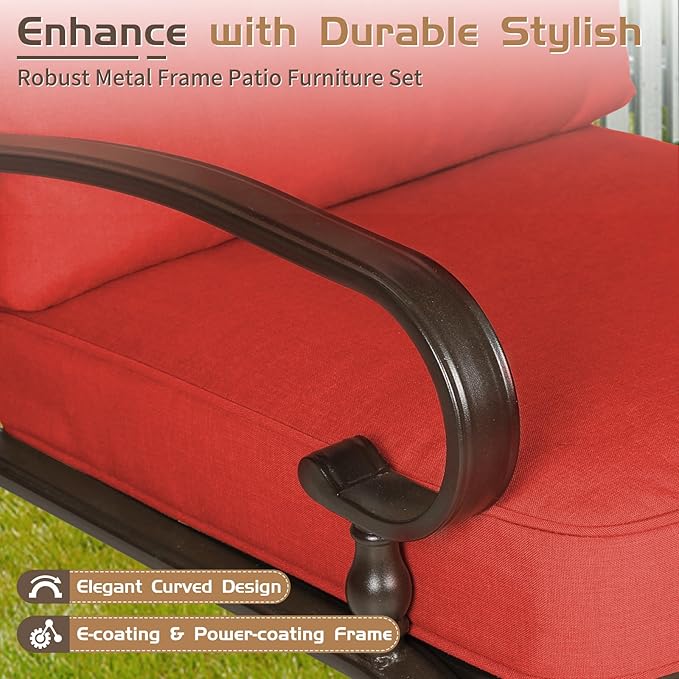 7-Piece Outdoor Metal Furniture Sets Patio Conversation Set, Wrought Iron Loveseat, 2 Dining Chairs, 2 Spring Chairs and Coffee Table, Red