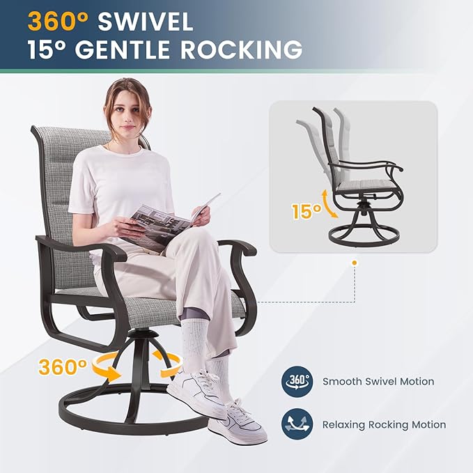 Amopatio Padded Patio Swivel Chairs Set of 4, Outdoor Dining Chairs with Ultra Soft Textilene High Back Seat & Metal Rocker Frame, for Backyard Deck Garden (Light Gray)