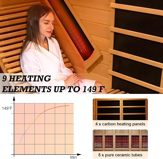 Cedar Infrared Sauna Room with Recliner, 2 Person Wood Home Spa Indoor Dry Heat Saunas with 9 Heaters, Bluetooth Speaker, 7 Color Lights, Oxygen Bar (3400W/220V, L 5.9ft x W 5.9ft x H 6.2ft)